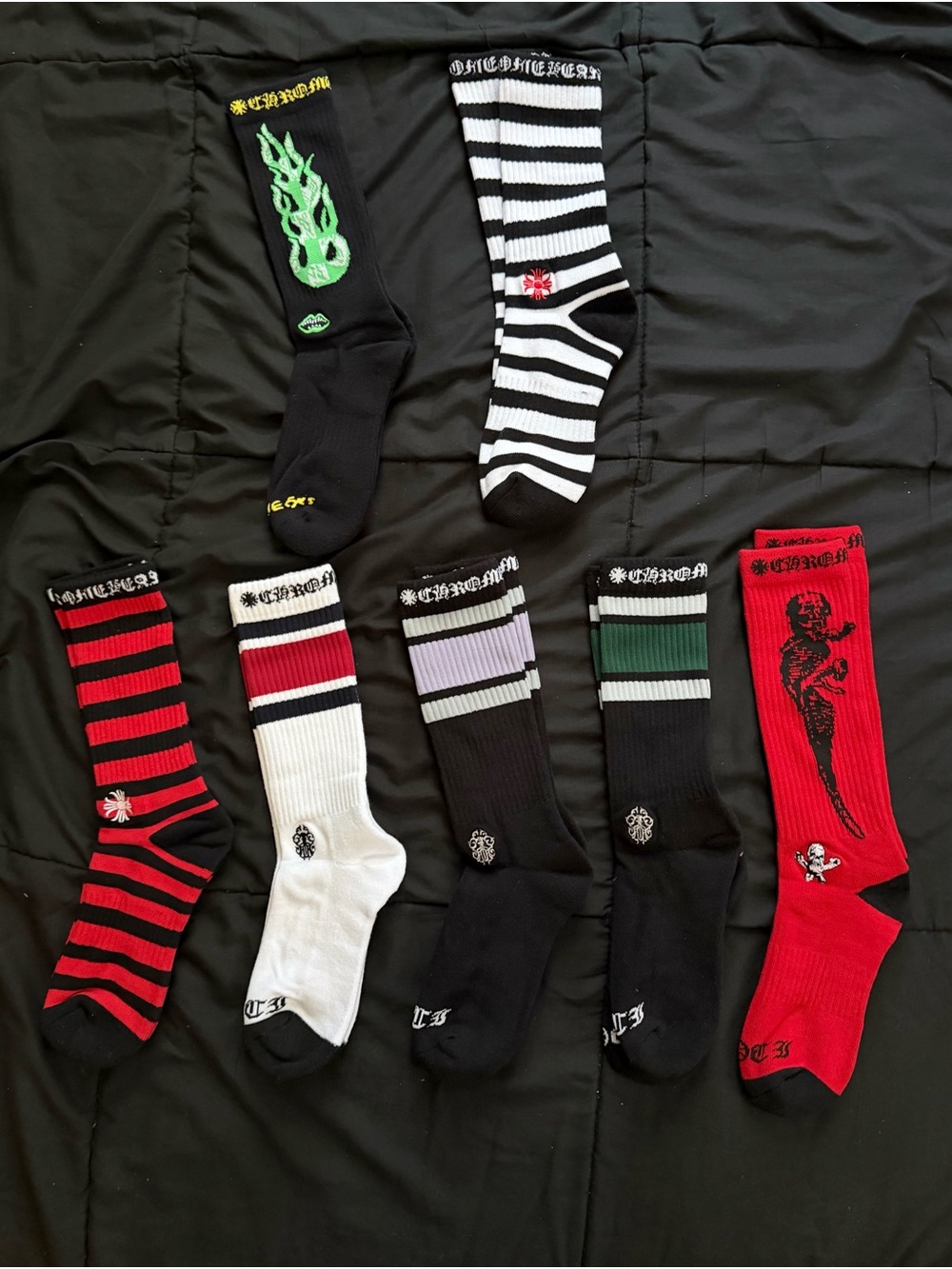 Chrome Hearts Men's Graphic Crew Socks — Black, Red, White, Green, Purple